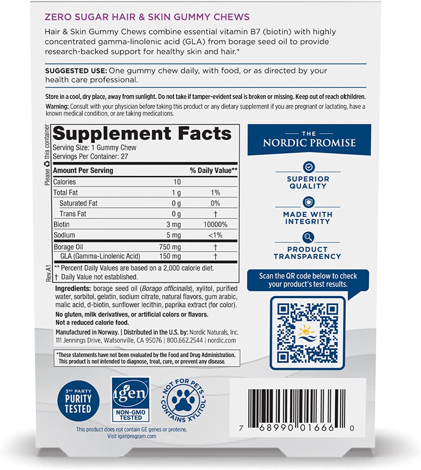 Nordic Naturals Zero Sugar Hair and Skin Gummy Chews, 27 Count