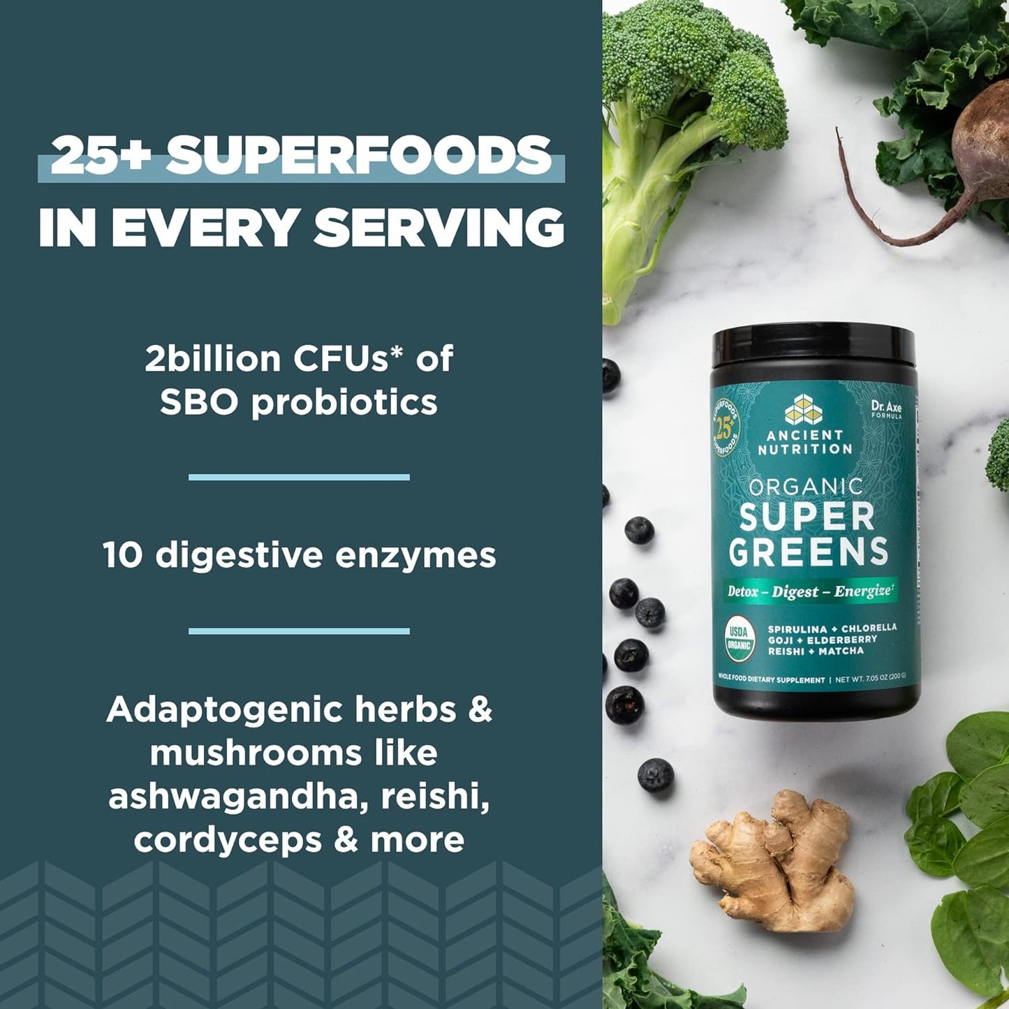 Ancient Nutrition Organic SuperGreens | Powder Greens Flavor (25 Servings)