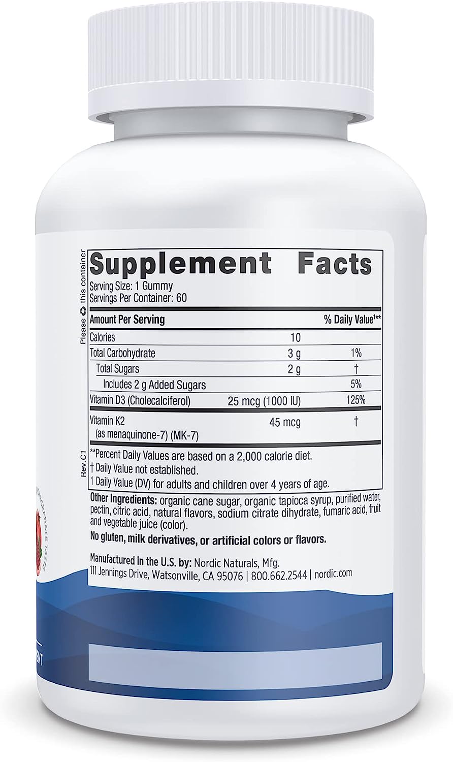 Nordic Naturals Vitamin D3 + K2 Gummies, Pomegranate 1000 IU Vitamin D3 + 45 mcg Vitamin K2 - Great Taste - Bone Health, Promotes Healthy Muscle Function, 60 Gummies