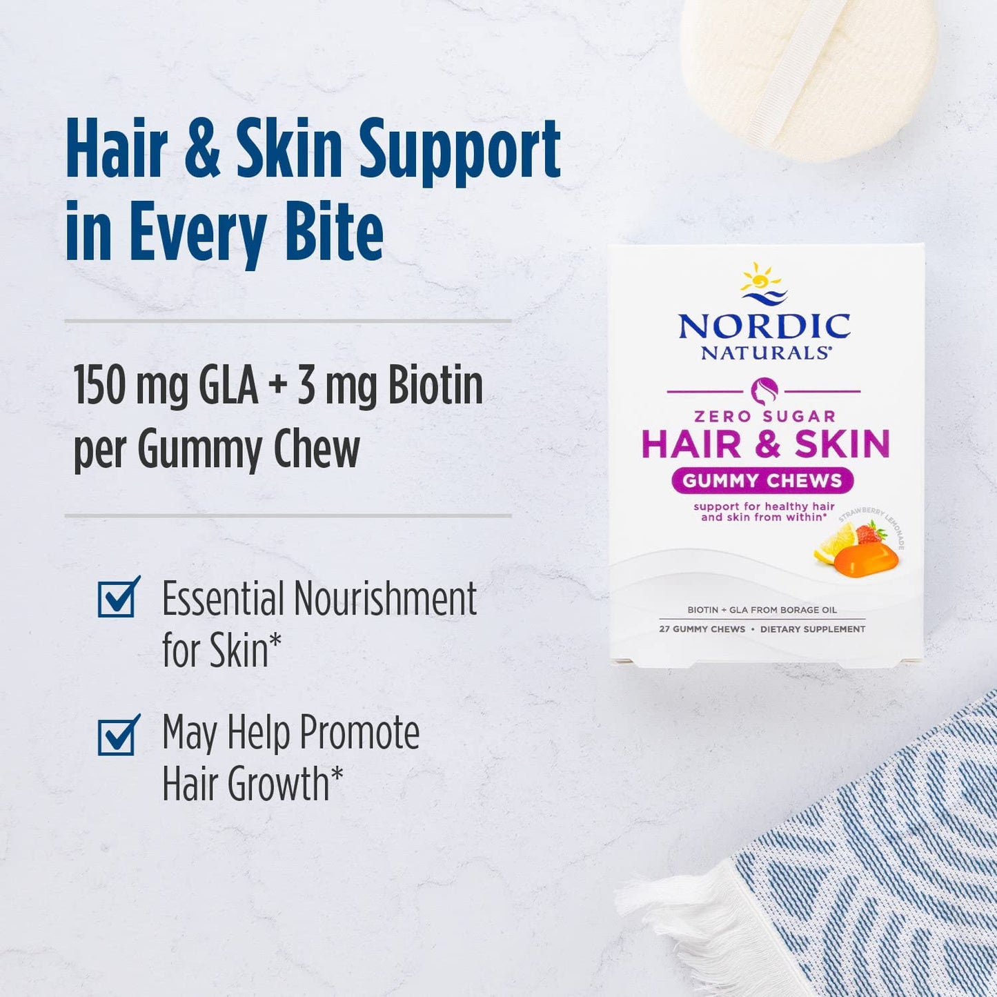 Nordic Naturals Zero Sugar Hair and Skin Gummy Chews, 27 Count