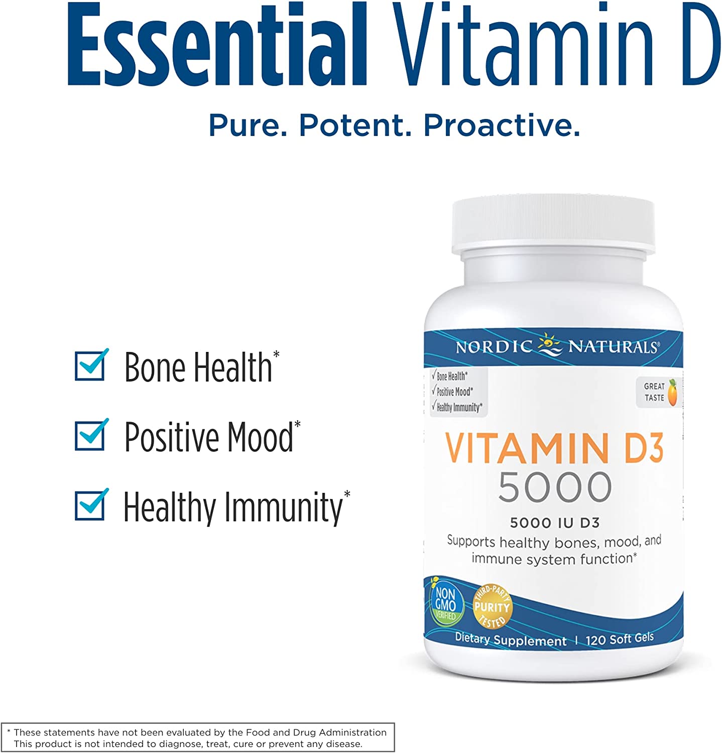 Nordic Naturals Vitamin D3 5000 IU Vitamin D3 - Supports Healthy Bones, Mood & Immune System Function - Non-GMO, 120 Softgels