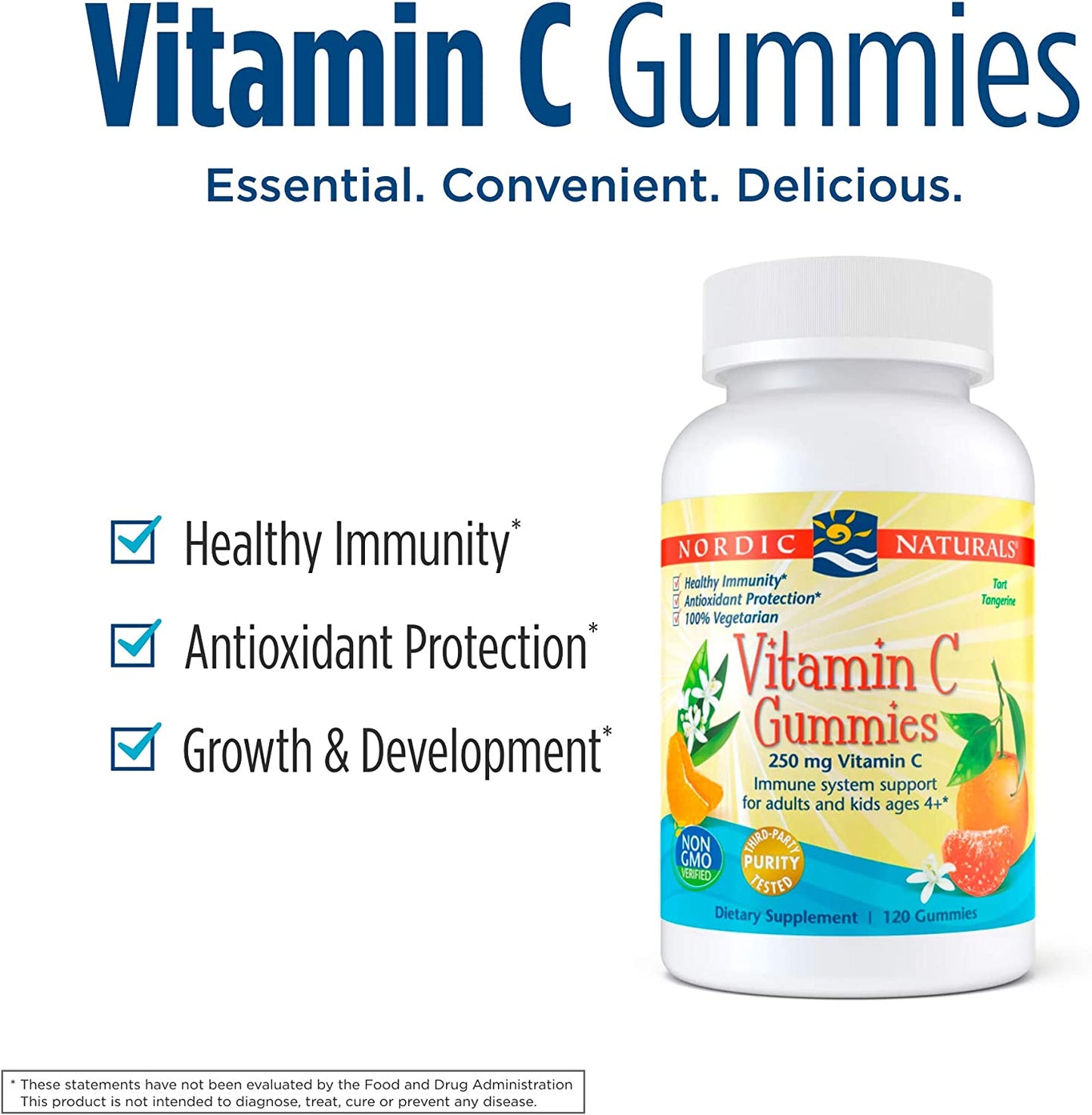 Nordic Naturals Vitamin C Gummies, Tart Tangerine 250 mg Vitamin C - Immune Support, Antioxidant Protection, Child Growth & Development - Non-GMO, Vegan - 120 Gummies