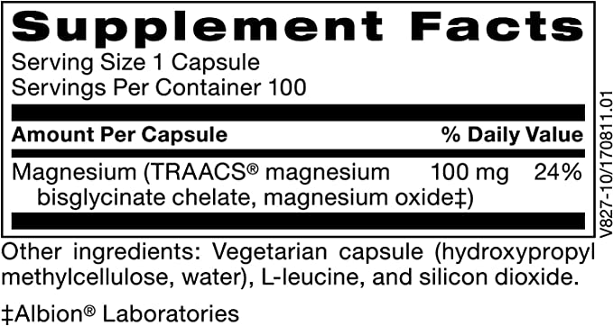 Klaire Labs Magnesium Glycinate Complex - 100mg Bisglycinate Blend to Support Bone Health & Restful Sleep - Chelated for Improved Absorption, 100 Capsules