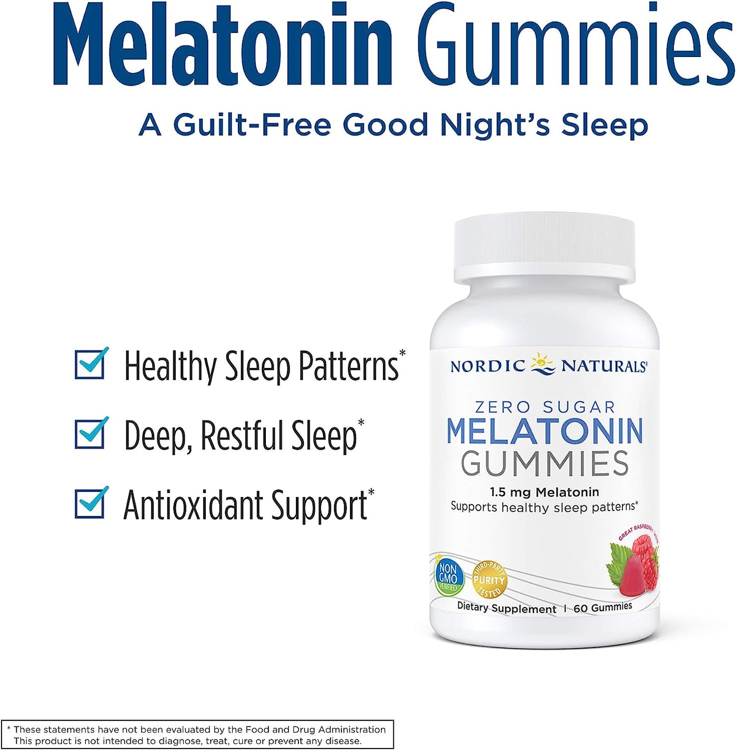 Nordic Naturals Zero Sugar Melatonin Gummies, Raspberry - 1.5 mg Melatonin - Great Taste - Restful Sleep, Antioxidant Support, 60 Gummies