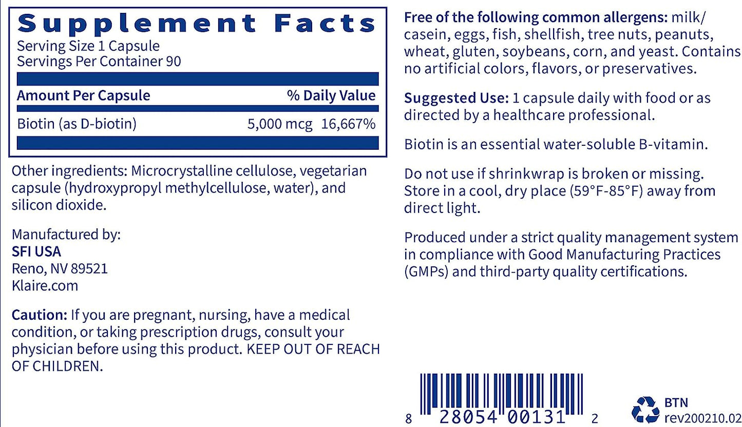 Klaire Labs Biotin 5000mcg - High Potency Biotin Supplement - Vitamin Involved in Skin & Hair Nutrition - Corn-Free, Small, Easy-to-Swallow Hypoallergenic Biotin Pills, 90 Capsules