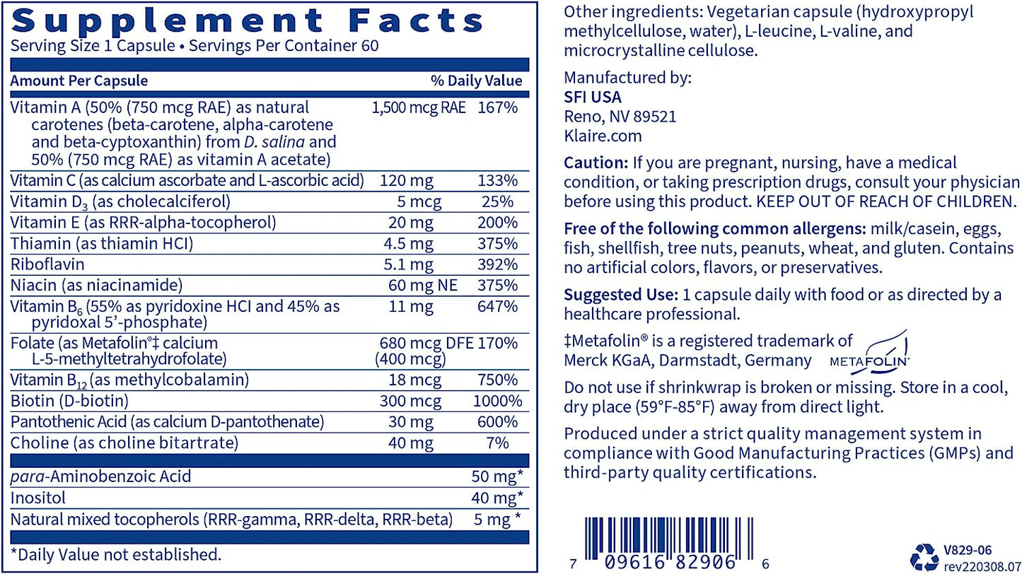 Klaire Labs Multi-Vitamin Complex - Once-Daily Mineral-Free Multivitamin with Metafolin Folate, Vitamin B6 & B12, 60 Capsules
