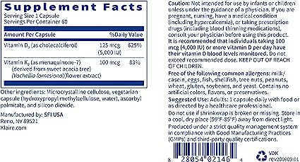 Klaire Labs Vitamin D Plus K - 5000 IU Vitamin D3 with Vitamin K2 MK-7, Bioavailable Formula - Bone, Cardiovascular & Immune Support Supplement, 60 Capsules