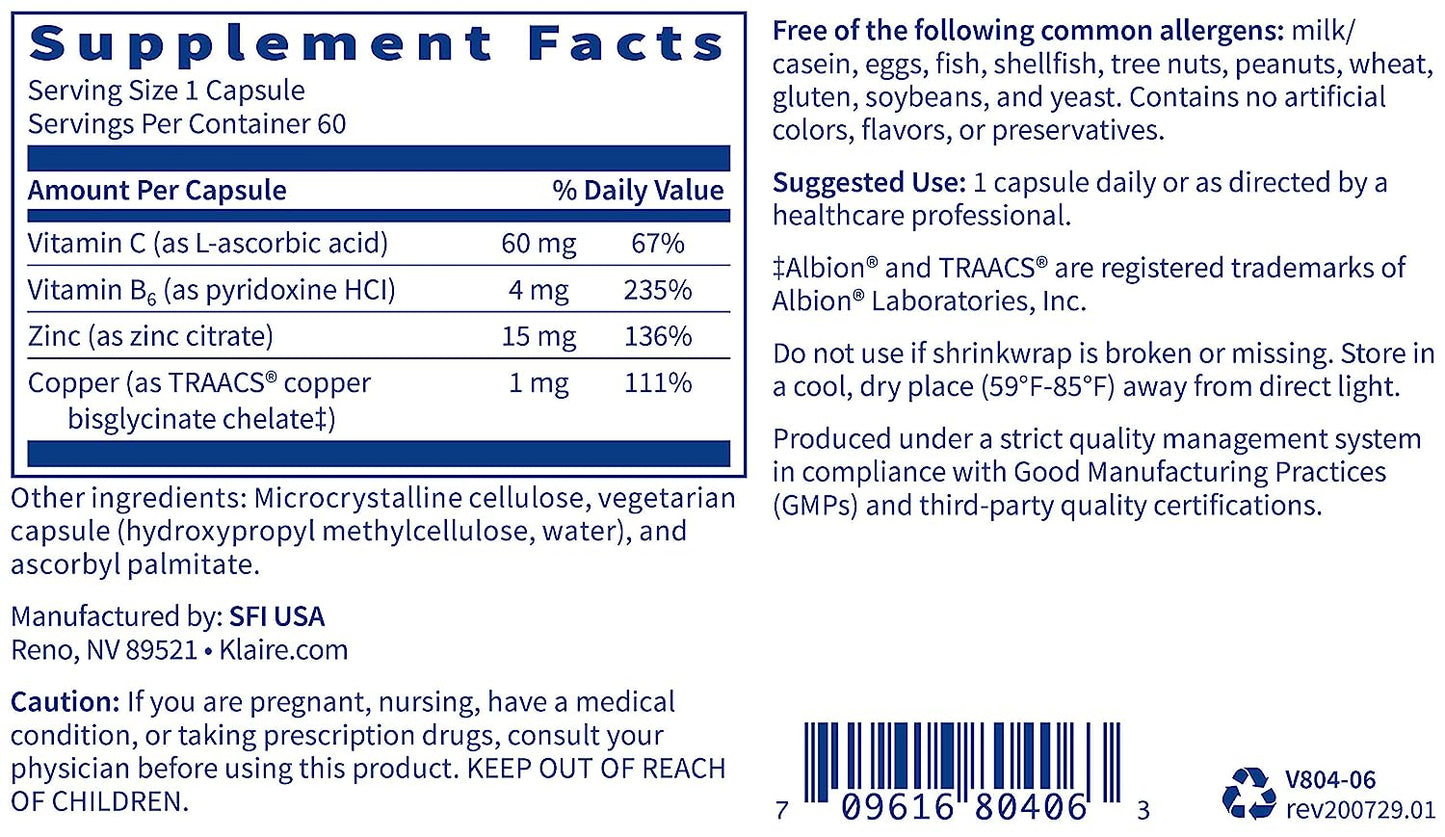 Klaire Labs Zinc Plus Immune Support Supplement - Zinc Citrate with Copper, Vitamin B6 & Vitamin C, 60 Capsules