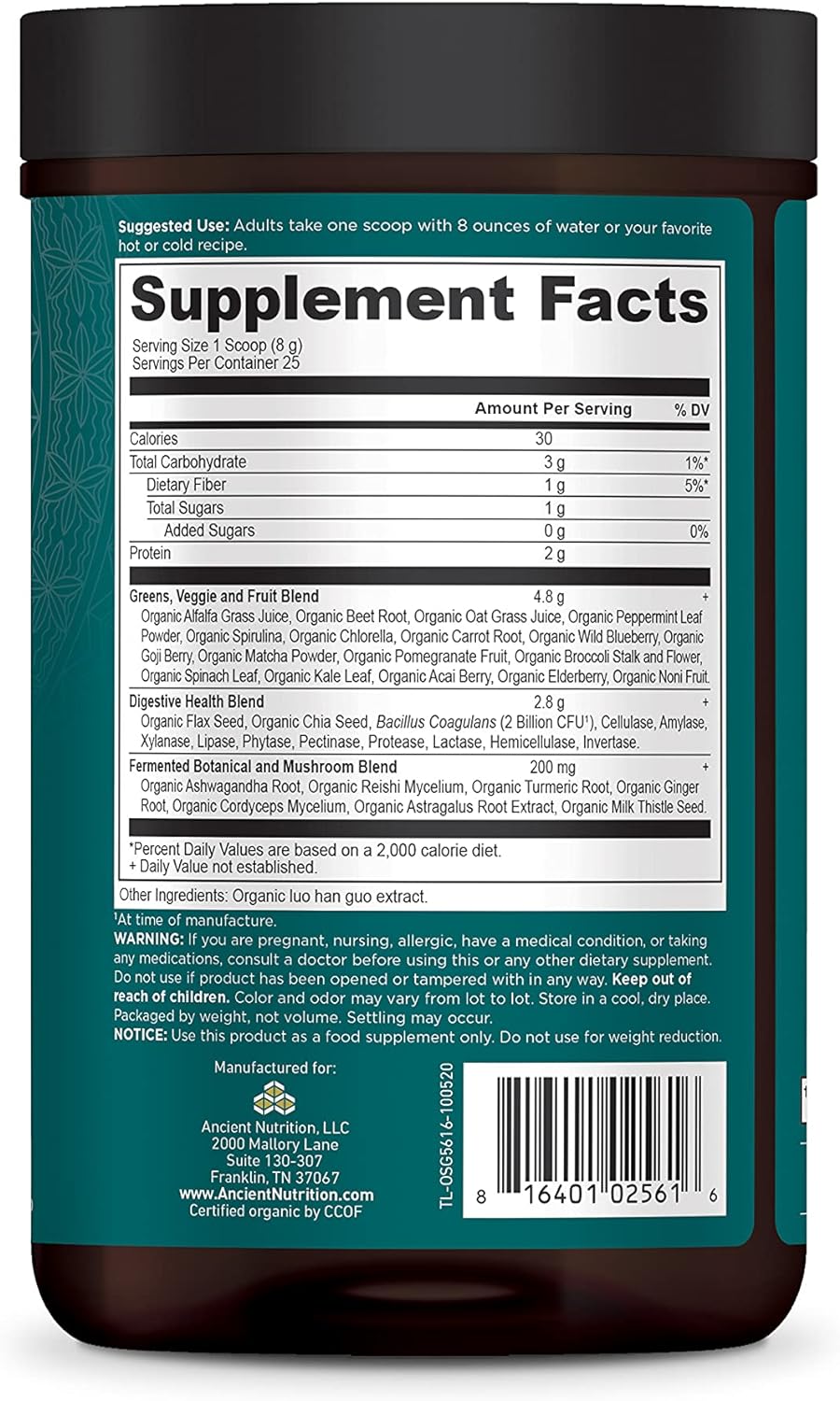 Ancient Nutrition Organic SuperGreens | Powder Greens Flavor (25 Servings)