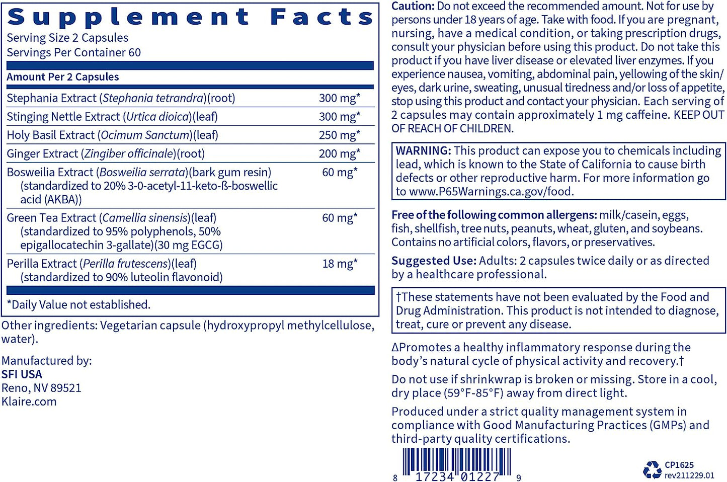 Klaire Labs Advanced Inflammation Support - Hypoallergenic Formula with Boswellia, Stephania & Nettle, 120 Capsules