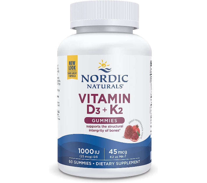 Nordic Naturals Vitamin D3 + K2 Gummies, Pomegranate 1000 IU Vitamin D3 + 45 mcg Vitamin K2 - Great Taste - Bone Health, Promotes Healthy Muscle Function, 60 Gummies