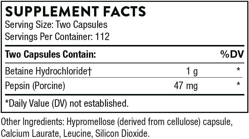 Thorne Betaine HCL & Pepsin, 225 Capsules