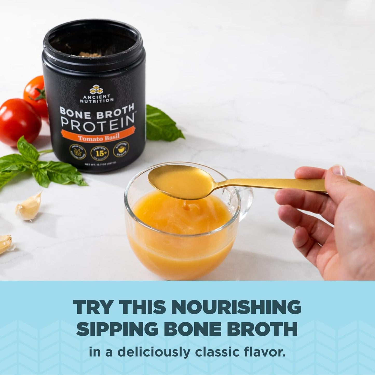 Ancient Nutrition Bone Broth Protein | Powder Tomato Basil (15 Servings)