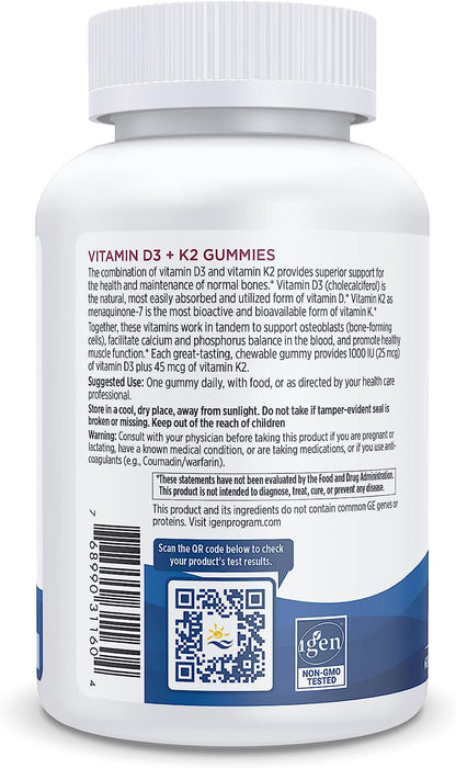 Nordic Naturals Vitamin D3 + K2 Gummies, Pomegranate 1000 IU Vitamin D3 + 45 mcg Vitamin K2 - Great Taste - Bone Health, Promotes Healthy Muscle Function, 60 Gummies