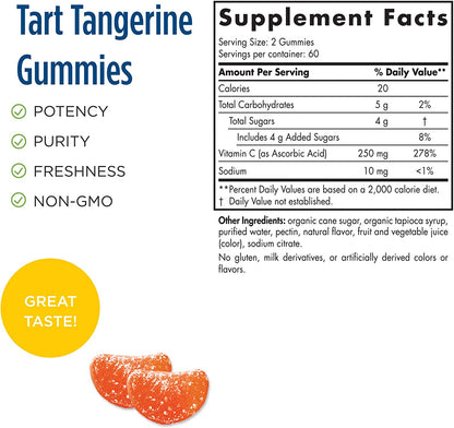 Nordic Naturals Vitamin C Gummies, Tart Tangerine 250 mg Vitamin C - Immune Support, Antioxidant Protection, Child Growth & Development - Non-GMO, Vegan - 120 Gummies