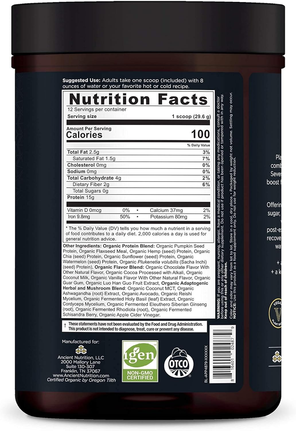 Ancient Nutrition Plant Protein+ | Powder Chocolate (12 Servings)