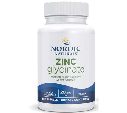 Nordic Naturals Zinc Glycinate- 20 mg Highly Absorbable Zinc Glycinate - Optimal Wellness, 60 Capsules