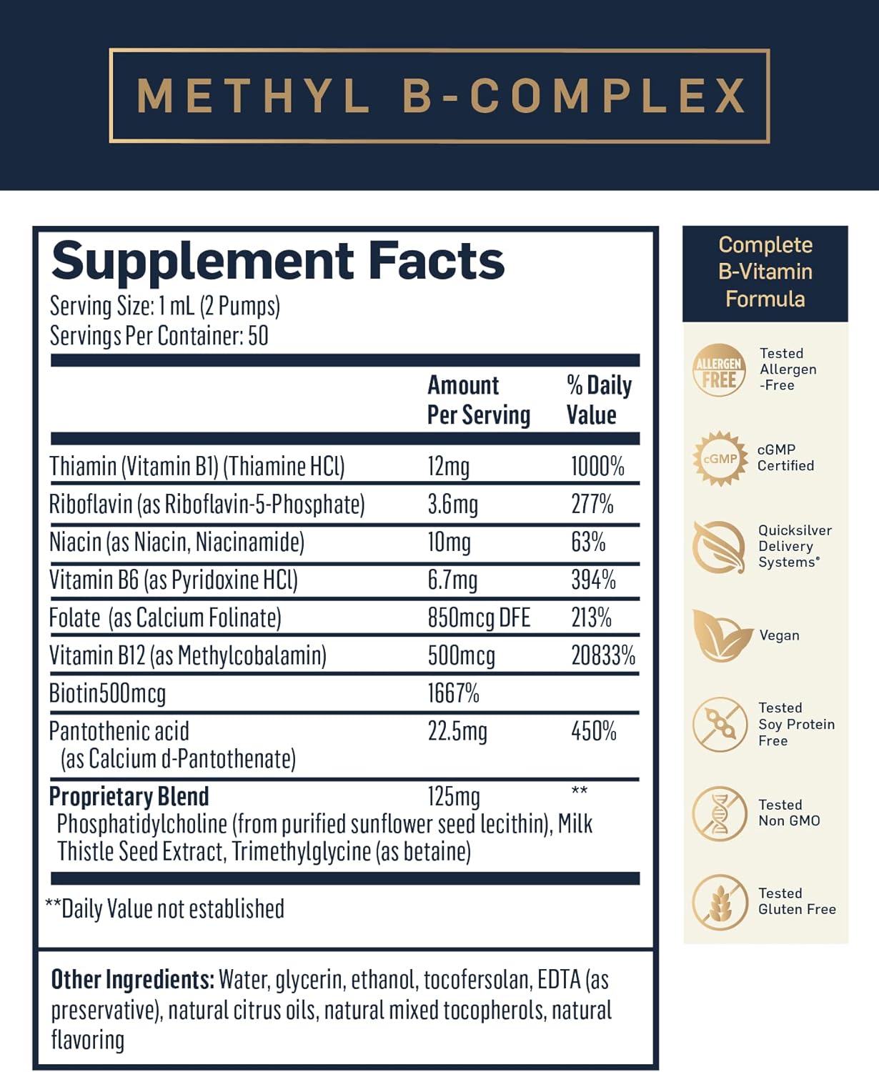 Quicksilver Scientific Methyl B Complex - Liquid Vitamin with Superior Liposomal Absorption of Vitamin B12, Folate, Vitamin B6, Riboflavin, Biotin, Pantothenic Acid, Vitamin B1, Niacin (50 ml)